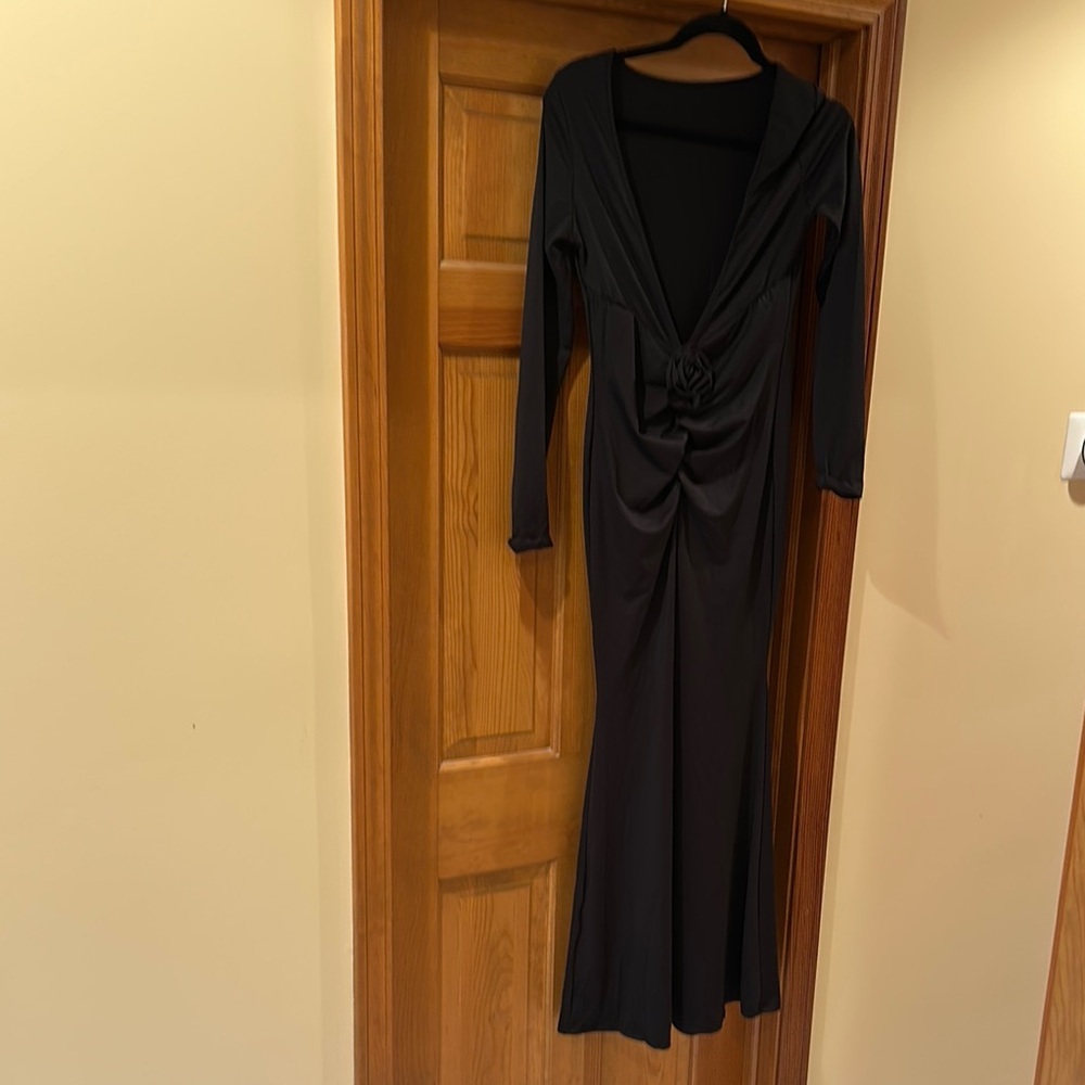 Elegant Black Long Sleeve Plunge Gown